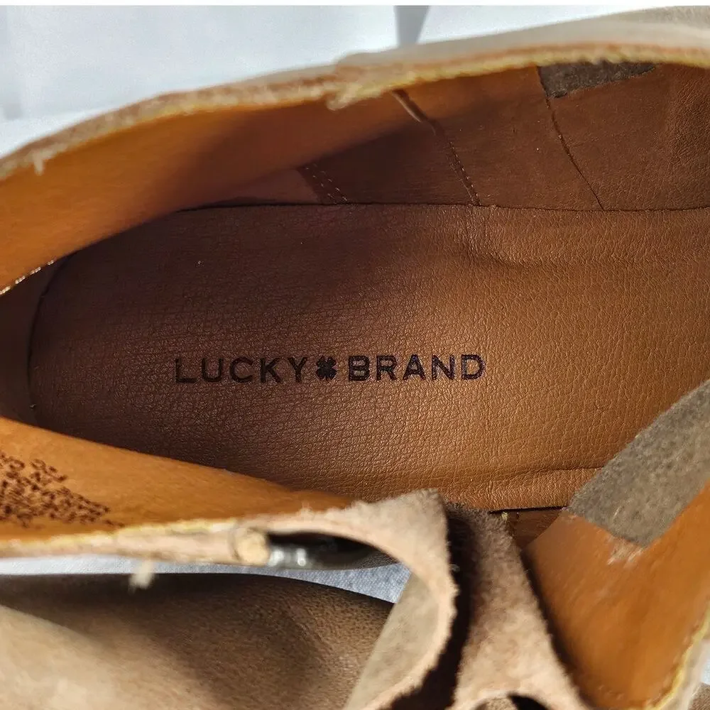 LUCKY BRAND BLANDRE TAN LEATHER BOOTIES – WOMEN’S SIZE 9M – SIDE ZIP – LOW HEEL